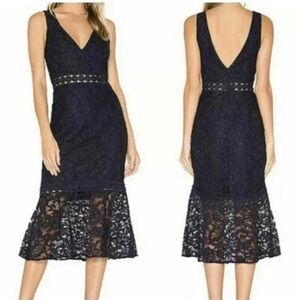 Bardot Fiona Lace Trumpet Midi Dress , Cocktail Sheath Flounce Sleeveless Navy